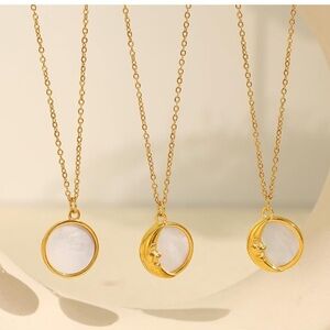 Waterproof Gold Moon and Mother-of-Pearl Pendant Necklace - White waterproof